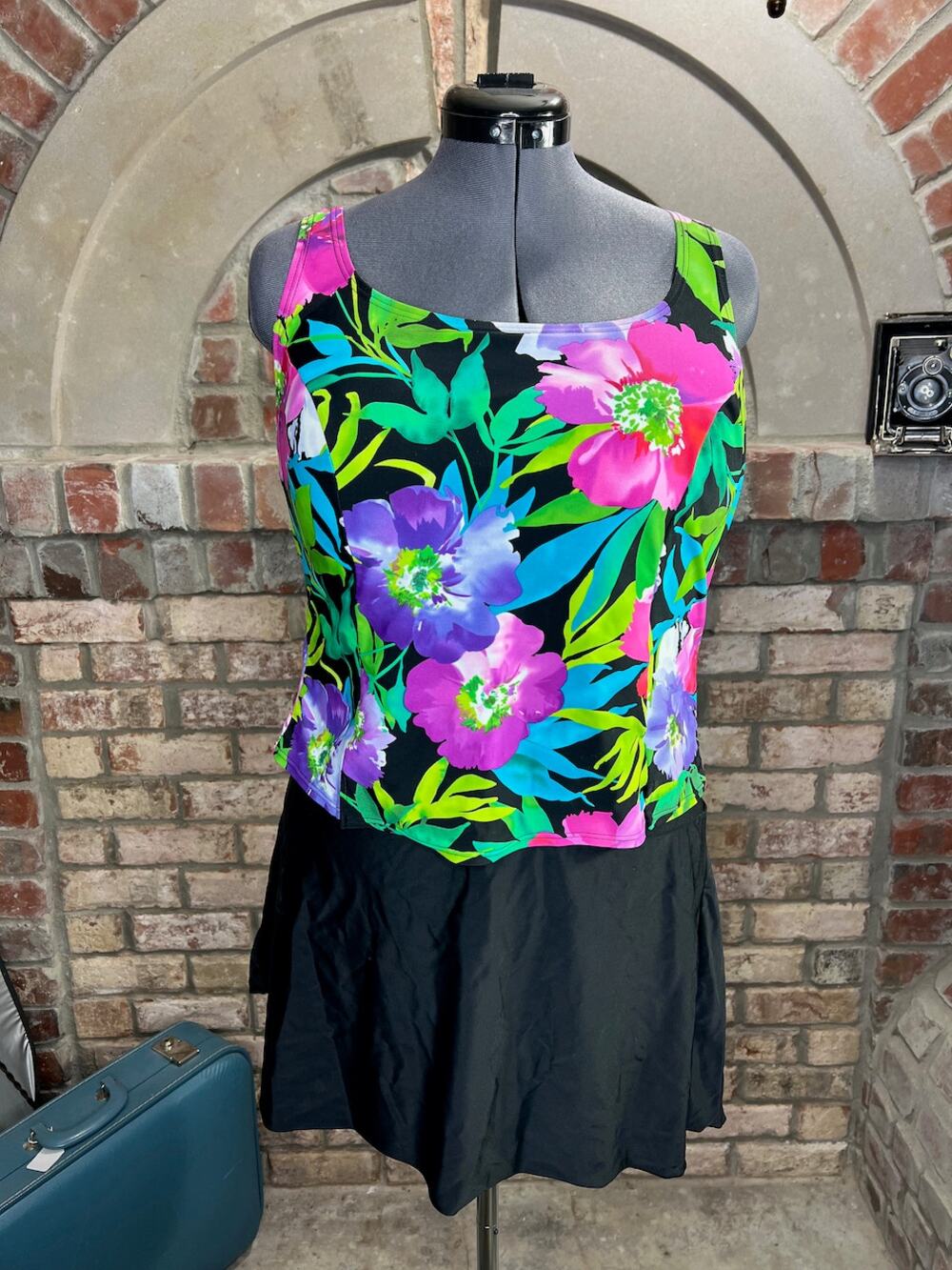 swimsuit swim dress Vintage 1980s one piece floral pink green purple
